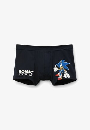 Boxers negros con un gráfico del erizo Sonic en azul, logo blanco, bolsa frontal y ajuste ceñido. Material de algodón suave con una cintura elástica.