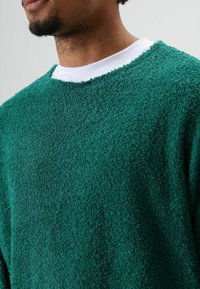 Groene trui met textuur en een pluizige afwerking, ronde halslijn en witte binnenkraag als detail. Zacht materiaal, casual ontwerp en losse pasvorm.