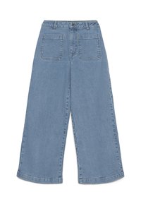 Jeans azzurri chiaro a gamba larga con vita alta, con due tasche posteriori e una texture di denim liscia. Orlo piegato nella parte inferiore.