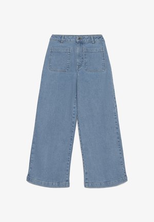 Jeans azzurri chiaro a gamba larga con vita alta, con due tasche posteriori e una texture di denim liscia. Orlo piegato nella parte inferiore.