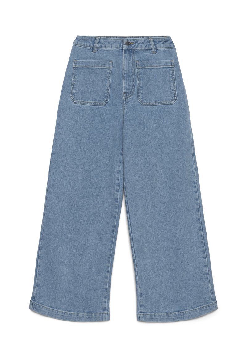 Jeans azzurri chiaro a gamba larga con vita alta, con due tasche posteriori e una texture di denim liscia. Orlo piegato nella parte inferiore.