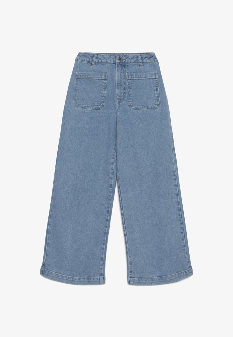 Jeans azzurri chiaro a gamba larga con vita alta, con due tasche posteriori e una texture di denim liscia. Orlo piegato nella parte inferiore.