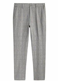 Pantaloni intrecciate grigio chiaro con un motivo testurizzato, dotati di chiusura con bottone e tasche laterali. Vestibilità a gamba dritta con vita elasticizzata.
