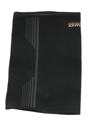 Schwarze Stoff-Knieschützerhülle mit grauen vertikalen Streifenmustern und kleinem weißen und orangefarbenen "Protech"-Logo nahe dem oberen Rand.