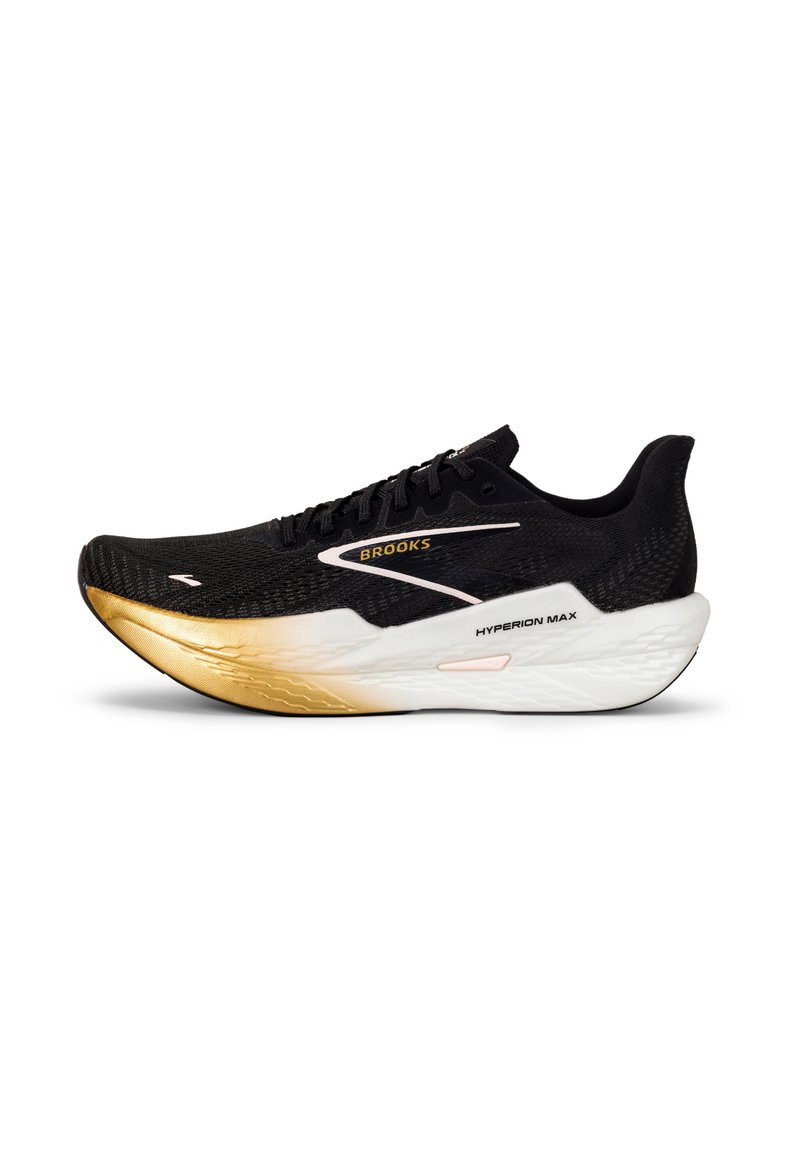 Zapatilla de running negra con un upper texturizado, entresuela blanca y dorada, y cordones negros. Presenta la marca "Brooks" y el detalle "HYPERION MAX".