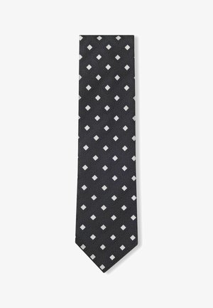Noeud papillon noir avec un motif en losanges en argent, présentant une surface texturée et des accents de points subtils. Forme étroite avec une pointe aiguë.