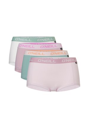 Fünf Paar Damenboxershorts der Marke O'Neill in Pastellfarben, in einer versetzten Reihe auf weißem Hintergrund angeordnet.