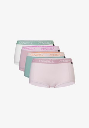 Vijf paar damesboxershorts van het merk O'Neill in pasteltinten, gerangschikt in een verspringende rij op een witte achtergrond.