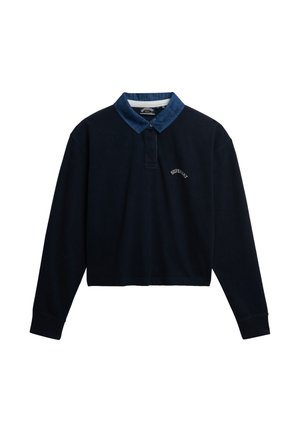 Marineblauw geklede lange mouw polo-shirt met een lichte denim kraag. Beschikt over een voorpatiënt met een geborduurd "SUPERDRY" logo op de borst.