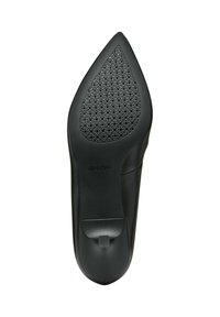 Black leather high heel shoe sole featuring a textured rubber outer with a perforated pattern for breathability, Geox logo displayed.