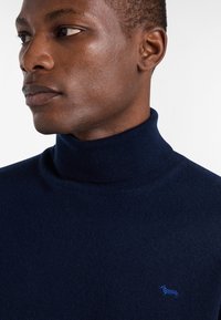 Mornarsko pulover s turtleneck iz mehke pletene tkanine, ki na levi strani prsnega dela nosi majhen modri vezen pes.