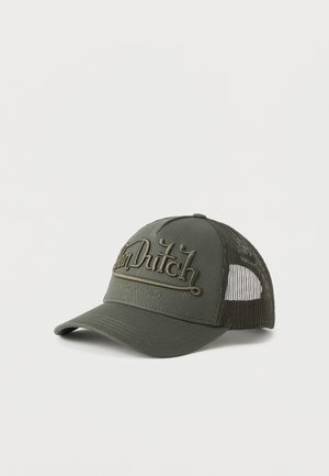 Casquette de baseball vert olive avec dos en mesh et broderie en relief indiquant "Von Dutch Originals" sur le panneau avant.