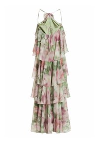 Zwiewna sukienka z wiązaniem na szyi, w warstwy, z akwarelowym różowo-zielonym kwiatowym wzorem i warstwowymi falbankami na białym tle.
