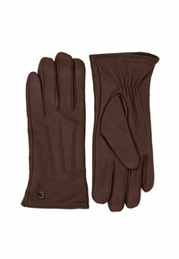 Brown leather gloves with five fingers, featuring a textured design and sleek fit. Includes a small black button accent.