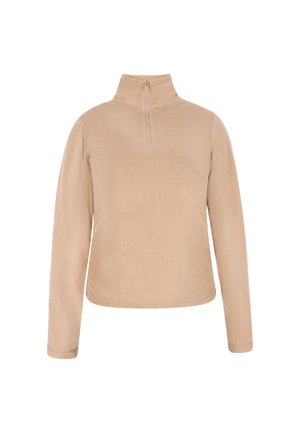 Beige fleecový svetr s polo zipem, dlouhými rukávy a hladkou texturou. Tkanina se zdá být měkká a lehká.
