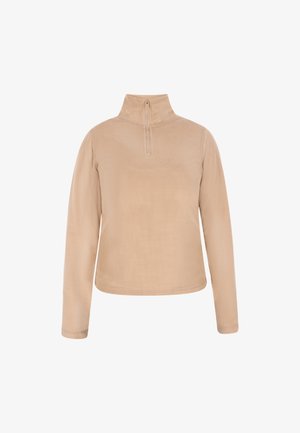 Beiger Fleece-Pullover mit halbem Reißverschlusskragen, langen Ärmeln und einer glatten Textur. Der Stoff wirkt weich und leicht.