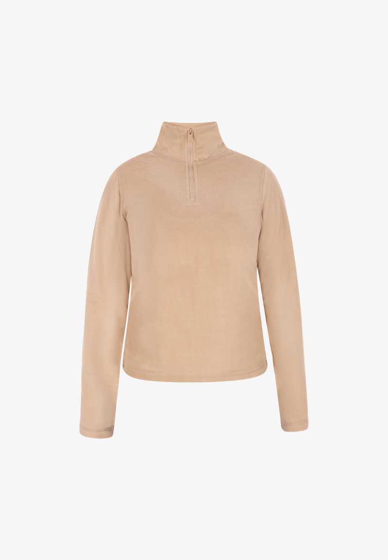 Beige fleece trøje med halv lynlås krave, lange ærmer og en glat tekstur. Stoffet virker blødt og let.