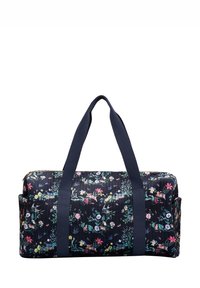 Floral duffel bag with a dark navy background, featuring a quilted texture, two sturdy handles, and external side pockets.