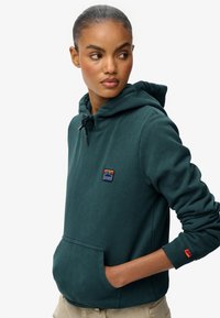 Sudadera verde oscuro hecha de material suave, con un bolsillo canguro, cordón ajustable y un parche multicolor en el pecho.