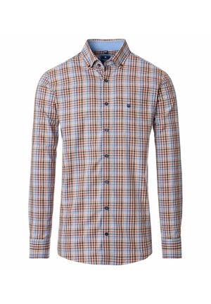 Langärmliges Karhemd in Braun, Blau und Weiß. Aus Baumwolle mit einem Button-Down-Kragen und gesticktem Logo auf der Brust.