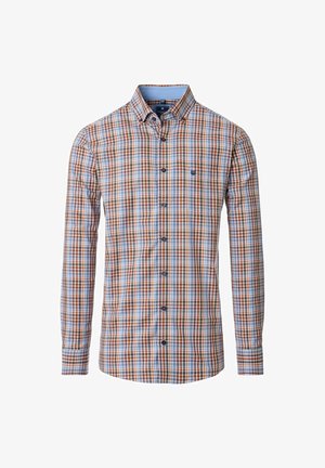 Koszula w kratę z długim rękawem w kolorze brązowym, niebieskim i białym. Wykonana z bawełny, z kołnierzykiem na guziki i haftowanym logo na piersi.