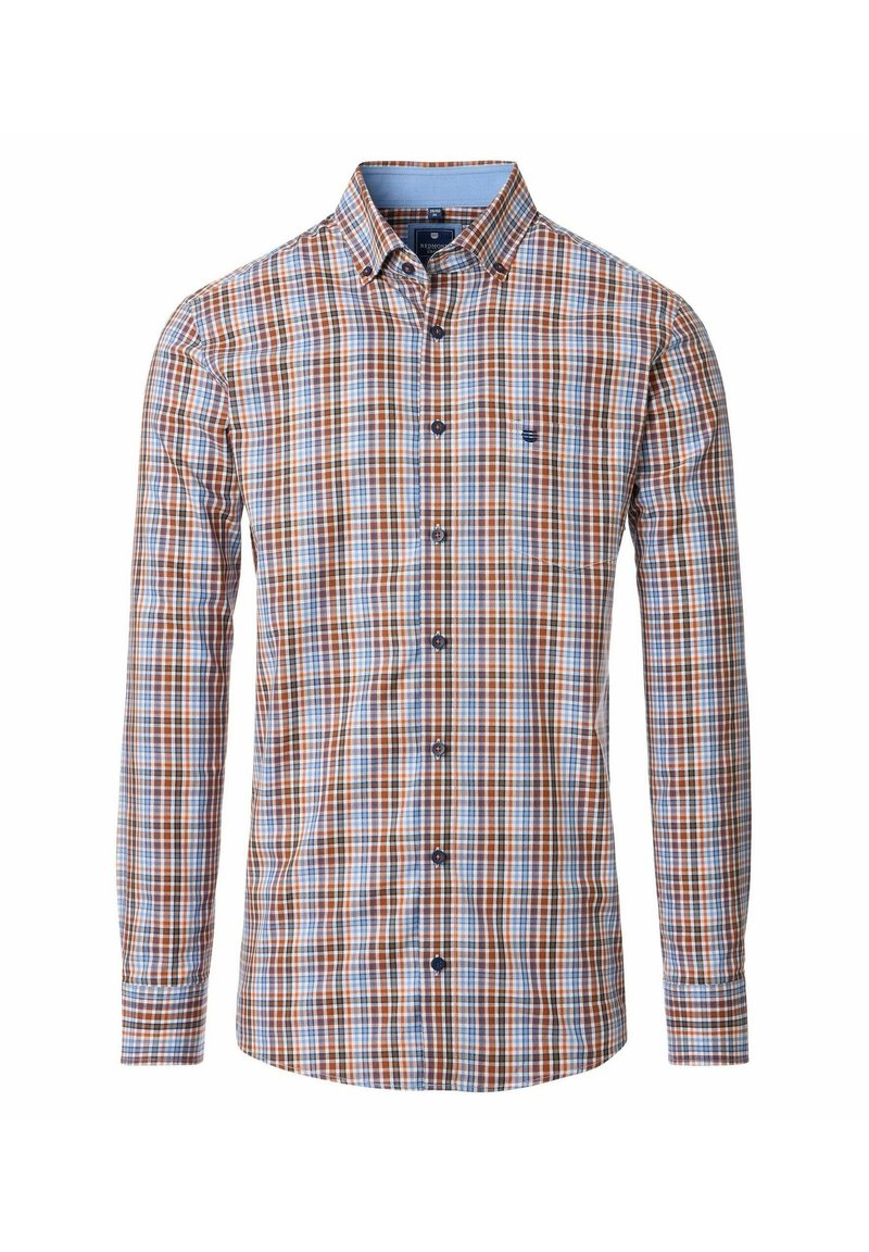 Langärmliges Karhemd in Braun, Blau und Weiß. Aus Baumwolle mit einem Button-Down-Kragen und gesticktem Logo auf der Brust.