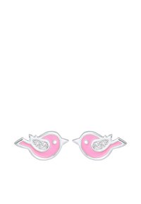 Pendientes en forma de pájaro rosa con acentos plateados y detalles brillantes en las alas. Diseño recubierto de esmalte, con un acabado brillante.
