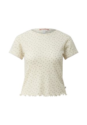 Cream short-sleeve ribbed knit top with small brown floral print and lettuce-edge hem, shown on a plain white background.