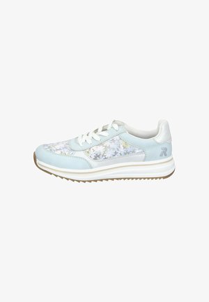 Light blue and white sneaker with floral mesh panels, white laces, rubber sole, and a grey "R" logo on the heel.