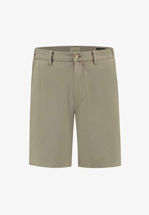 Shorts beiges en tissu tissé. Dotés d'un devant plat, d'une fermeture par bouton et de passants de ceinture. Coupe droite avec ourlet soigné.