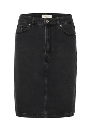 Melna denima zīmuļa svārki ar taisnu griezumu, ietverot priekšējo pogu aizdari, divas sānu kabatas un smalku šuvju detaļu.