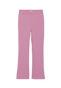 Roze geribbelde flared broeken met een soepel elastieken tailleband. De stof heeft een zachte textuur en beschikt over een aansluitend ontwerp met een flared onderkant.