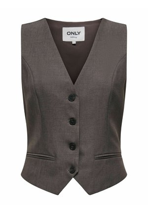 Braune, maßgeschneiderte Weste mit V-Ausschnitt, vier schwarzen Knöpfen vorne, zwei vorderen Paspeltaschen und einem Etikett mit der Aufschrift ONLY tailoring.