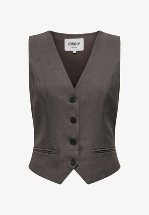 Braune, maßgeschneiderte Weste mit V-Ausschnitt, vier schwarzen Knöpfen vorne, zwei vorderen Paspeltaschen und einem Etikett mit der Aufschrift ONLY tailoring.