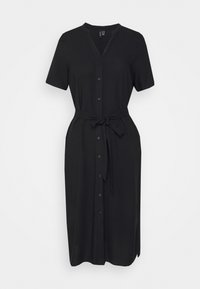 Robe noire à boutons en haut, fabriquée en tissu doux. Présente des manches courtes, un décolleté en V et une ceinture à nouer à la taille. Texture lisse et couleur unie.