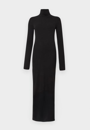Svart, langermet turtleneck-kjole laget av et elastisk stoff. Elegant, tettsittende design med en gulvlengde.