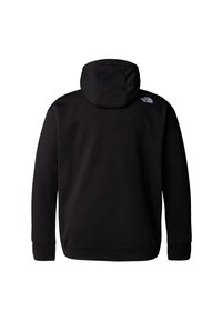 Sweatshirt à capuche noire en tissu doux, avec une coupe décontractée, des manches longues et un petit logo dans le haut du dos.