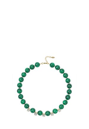 Necklace with round green malachite beads and alternating clear teardrop-shaped crystals on a gold chain with clasp and extender.