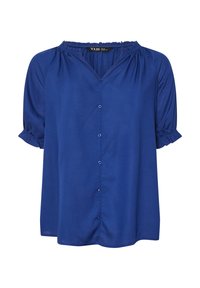 Blå kortärmad blus med V-ringning, knappstängning, rynkad halsringning och subtil puffärmar. Tillverkad av lättviktsmaterial.