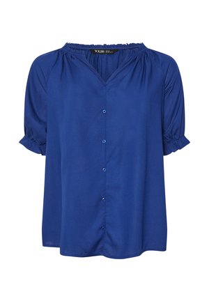 Blusa azul de manga corta con escote en V, cierre de botones, cuello fruncido y sutiles mangas abullonadas. Fabricada en tejido ligero.