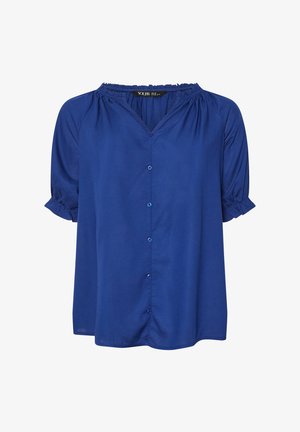 Blaue kurzärmlige Bluse mit V-Ausschnitt, Knopfleiste, gerafftem Halsausschnitt und subtilen Puffärmeln. Hergestellt aus leichtem Stoff.