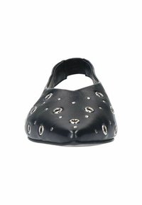 Black flat shoe made of leather, featuring a pointed toe and cut-out design. Accented with circular silver grommets for detailing.