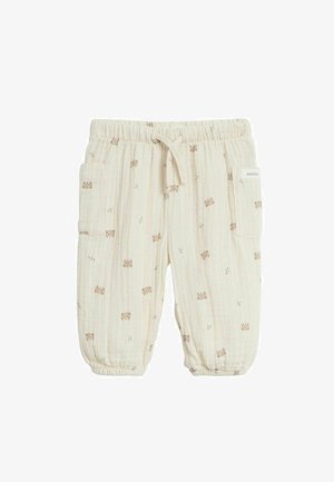 Lettrede, cremefarvede bomuldsbukser med et subtilt bjørnemønster, elastisk talje og to sidelommer med ribbet tekstur.