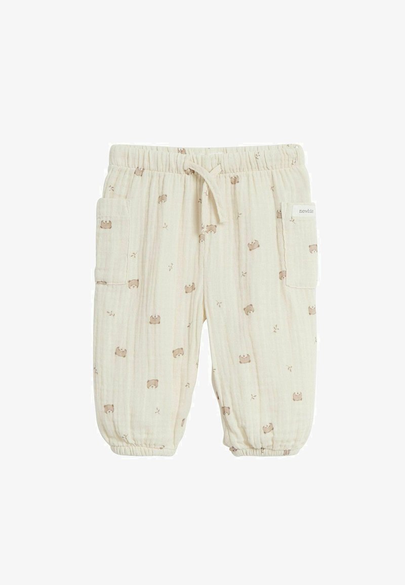 Lichte, crème-kleurige katoenen broek met een subtiel berenpatroon, elastische tailleband en twee zijzakken met een geribbelde textuur.