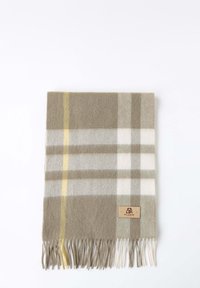 Sciarpa in plaid di lana in toni smorzati di verde, beige e bianco con accenti gialli. Caratterizzata da bordi frangiati e un piccolo tag con il marchio.