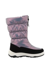 Botas acolchadas a media pantorrilla hechas de material iridiscente con una base de ante negro y suela de goma blanca, que cuentan con un cierre lateral y un diseño acolchado.