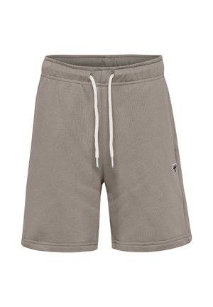 Grå bomuldsshorts med elastisk talje, hvid snøre og lille broderet logo på venstre benafslutning. Glat tekstur, midt på låret længde.