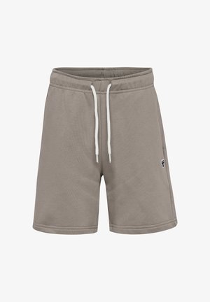 Grå bomuldsshorts med elastisk talje, hvid snøre og lille broderet logo på venstre benafslutning. Glat tekstur, midt på låret længde.