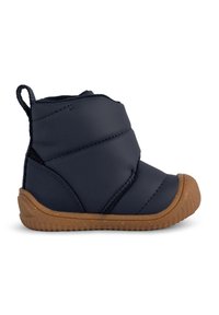 Navy blue waterproof boot with a quilted design and rubber sole; features a pull tab at the back and reinforced toe cap for durability.