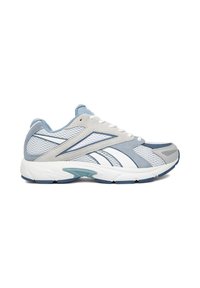 Gray and white mesh running shoe with blue accents, white laces, and a thick white sole with blue and teal details, shown from the side.
